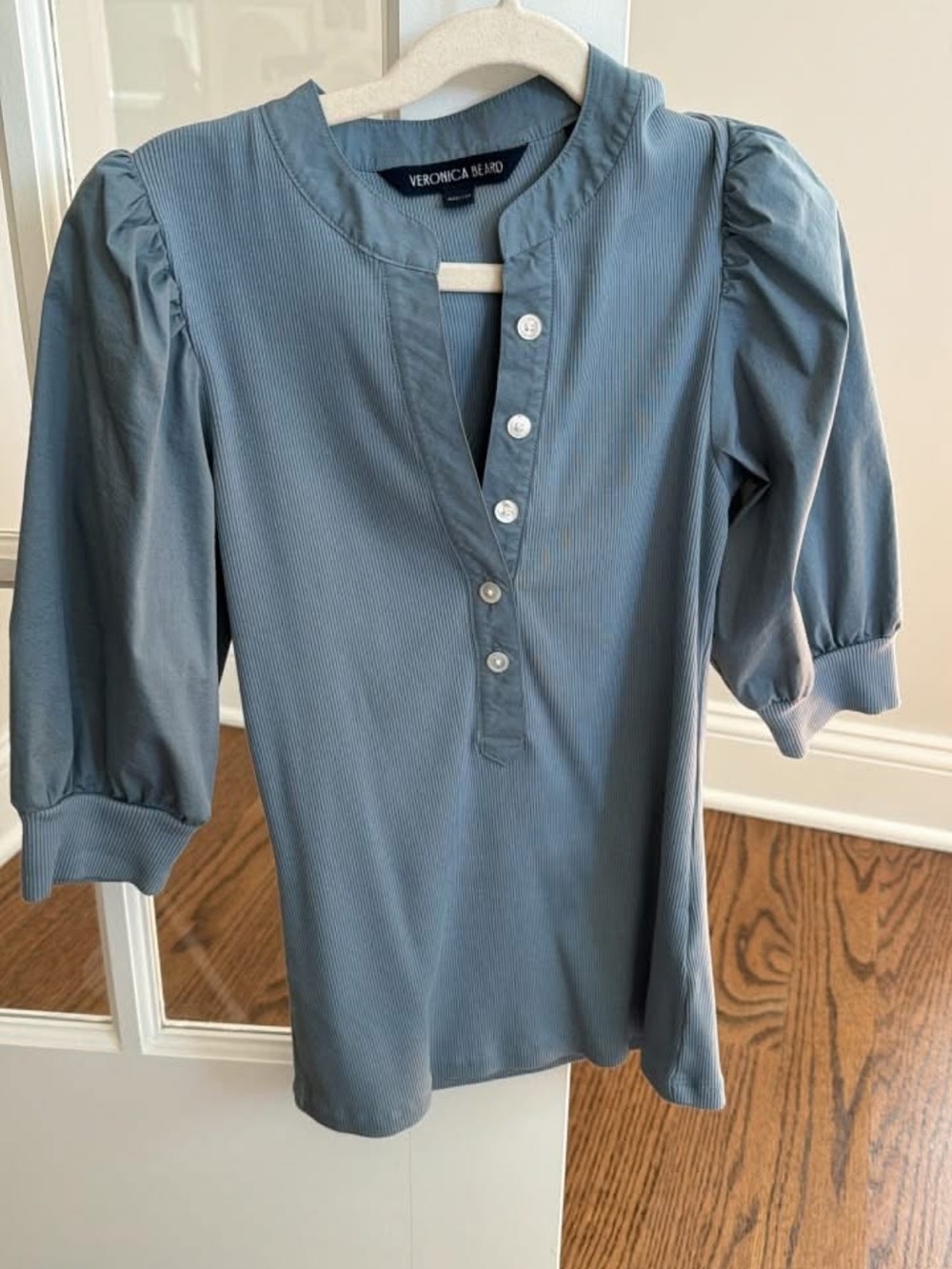Veronica Beard Dusty Blue Puff-Sleeve Henley Top